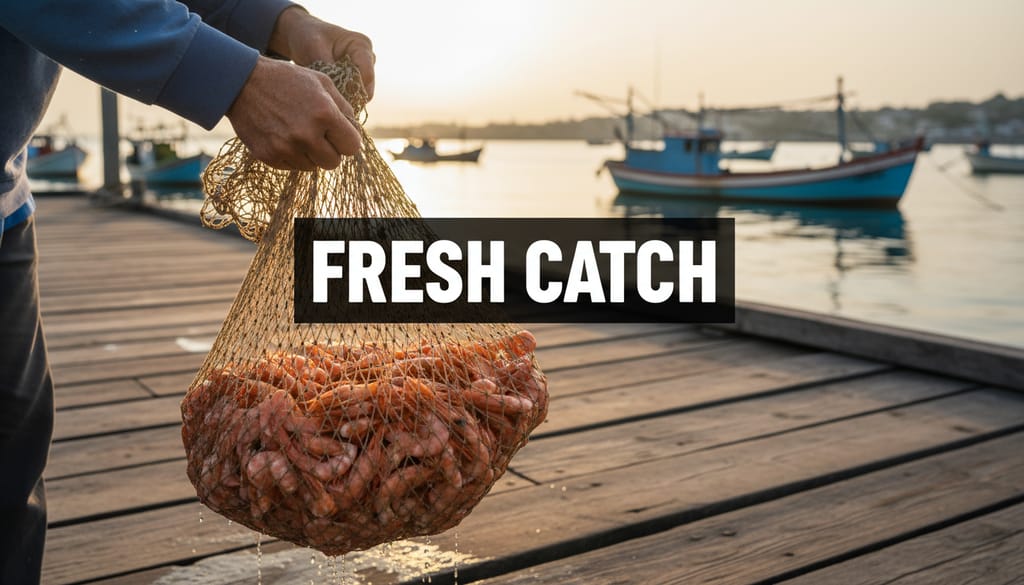 A bright, realistic, single-shot stock photo of a fisherman's hands holding a net full of fresh shrimp on a boat dock in the morning light. Superimposed on the center is a solid black rectangular box containing the text 'FRESH CATCH' in bold white font. There is NO other text.