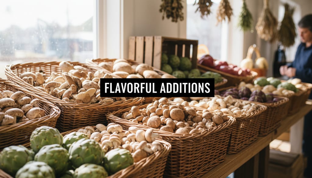 A bright, realistic, single-shot stock photo of a farmer's market stall with a variety of fresh mushrooms and artichokes in wicker baskets under natural sunlight. Superimposed on the center is a solid black rectangular box containing the text 'FLAVORFUL ADDITIONS' in bold white font. There is NO other text.