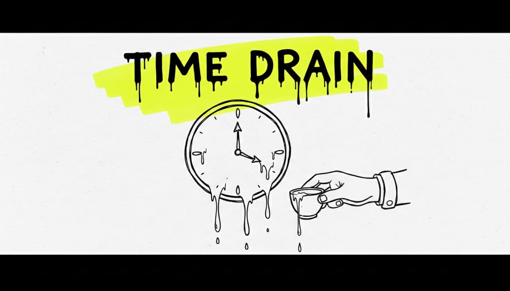 A whiteboard sketch titled "TIME DRAIN" in large, dripping letters. Below it is a simple drawing of a clock, but the numbers and hands are melting and dripping down towards the bottom of the frame. An illustrated hand is trying to catch one of the drips with a small cup. The background behind the title is a messy yellow highlighter scribble.