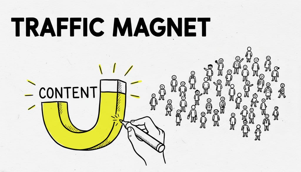 A sketch titled "TRAFFIC MAGNET" in bold, handwritten letters. Below, a large U-shaped magnet is drawn, labeled "CONTENT". It's pulling in dozens of small stick figures from the right side of the frame. An illustrated hand is drawing sparks on the magnet. The magnet itself is colored in with yellow highlighter.