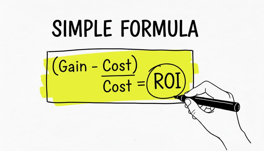 A whiteboard drawing with the title "SIMPLE FORMULA". Below the title is a hand-drawn box with the equation: (Gain - Cost) / Cost = ROI. An illustrated hand is circling the "ROI" part of the formula with a marker. The box containing the formula has a light yellow highlighter background.