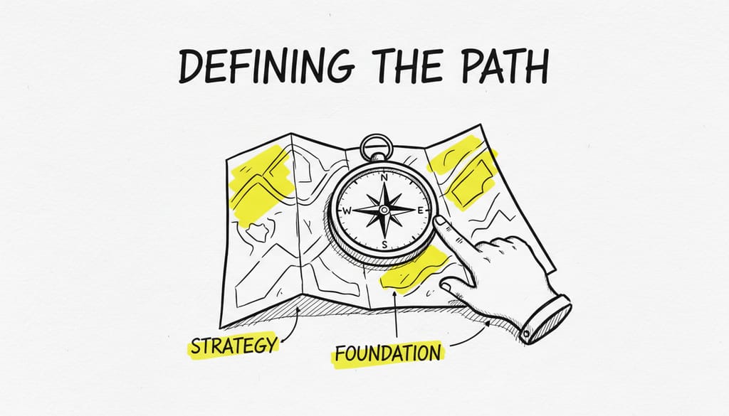 A physical compass resting on a folded paper map, representing defining a foundation.