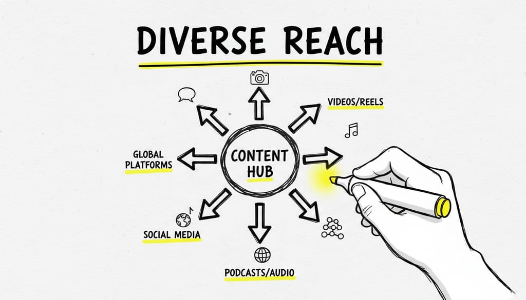 Multiple arrows pointing in different directions from a central point, symbolizing diverse content distribution.
