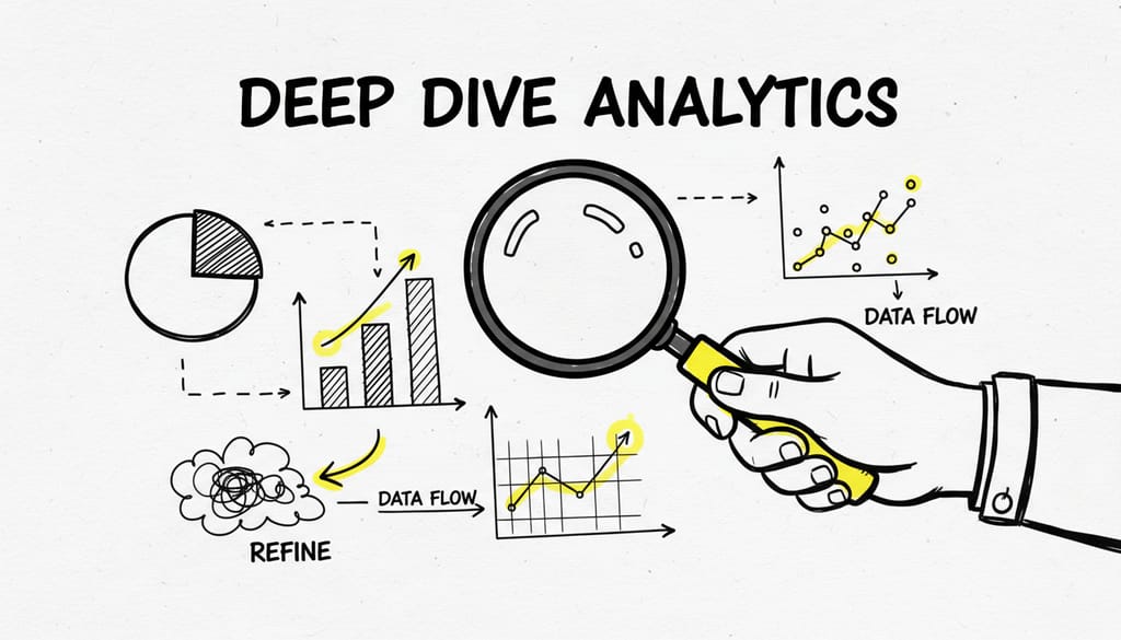 A magnifying glass hovering over charts and data, symbolizing analysis and refinement.