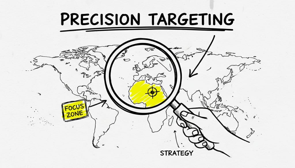 A magnifying glass focusing on a specific part of a detailed map, representing precision targeting