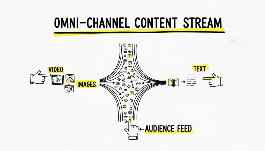 A graphic illustrating different content formats like video, images, and text converging into a single stream