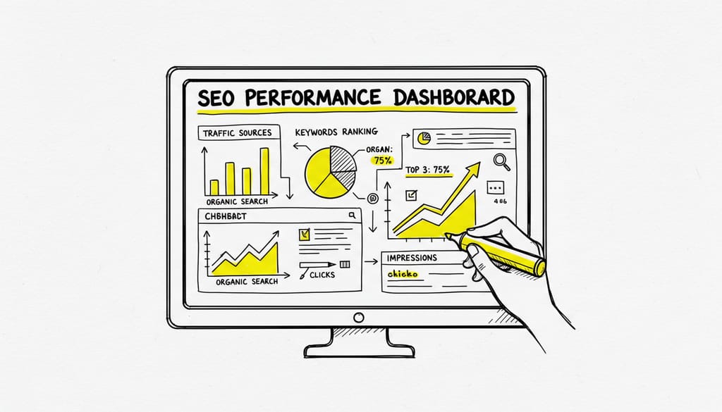 Wall-mounted monitor displaying complex SEO data dashboards with charts and graphs
