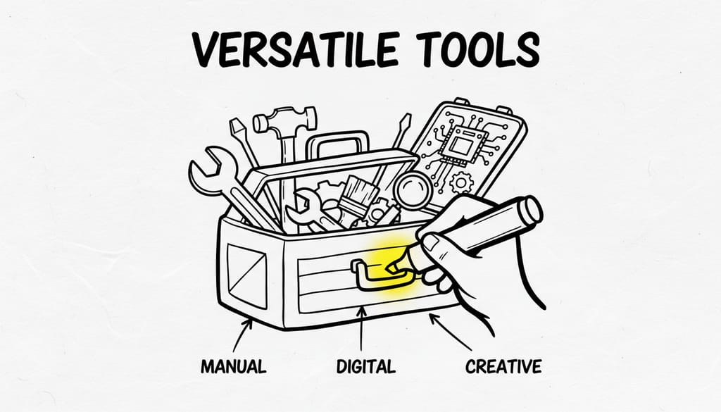 A collection of diverse tools neatly organized in a toolbox, highlighting versatility.