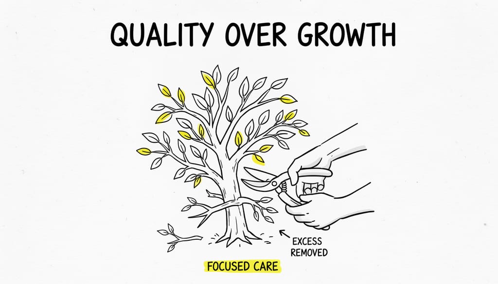 A gardener carefully prunes a flourishing plant, illustrating quality over uncontrolled growth.