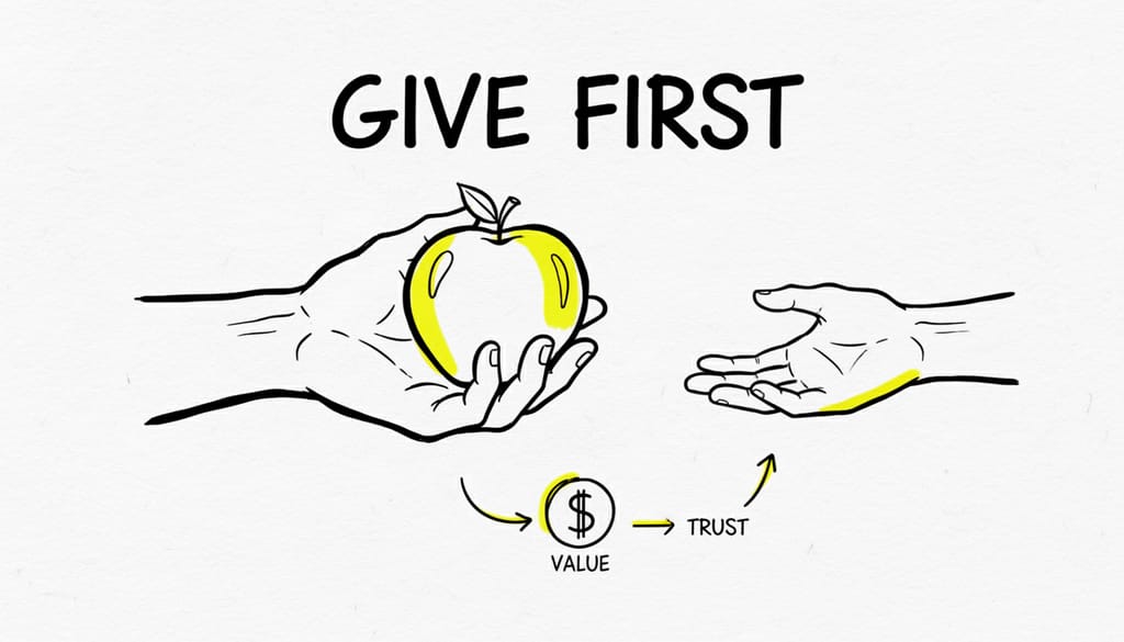 A helpful hand extends a single, ripe fruit, symbolizing providing value before asking for something.