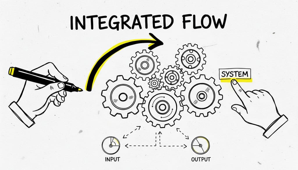 Interlocking metal gears working in unison, symbolizing a seamless, integrated system.