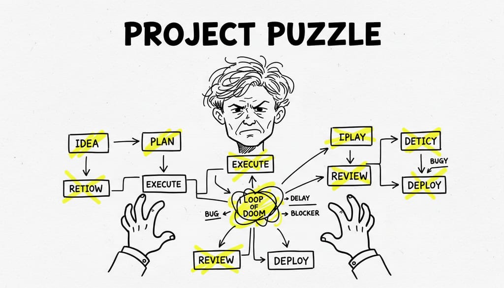 A bright, realistic, single-shot stock photo of a person looking frustrated at a complex flow chart with red arrows indicating problems.