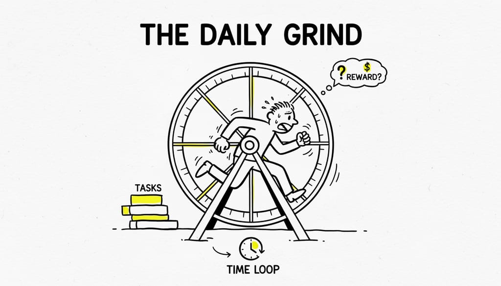 A bright, realistic, single-shot stock photo of a person running vigorously on a hamster wheel, looking exhausted.