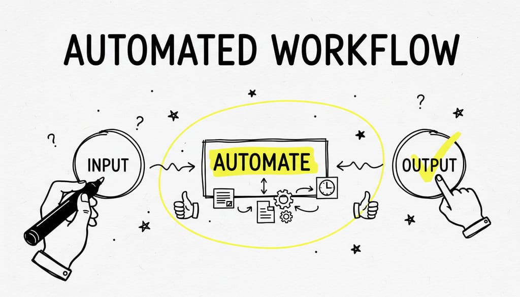 A bright, realistic, single-shot stock photo of a clean, modern desk with a laptop displaying a simple, intuitive software dashboard with green checkmarks. Superimposed on the center is a solid black rectangular box containing the text 'AUTOMATED WORKFLOW' in bold white font. There is NO other text.