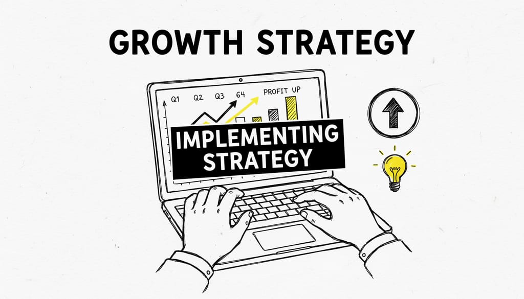 A bright, realistic, single-shot stock photo of a person's hands using a laptop, with a clean analytics dashboard visible on the screen showing positive growth charts. Superimposed on the center is a solid black rectangular box containing the text 'IMPLEMENTING STRATEGY' in bold white font. There is NO other text.
