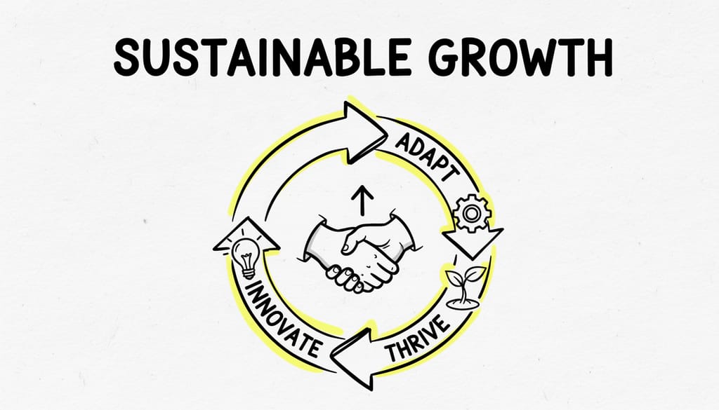 A bright, realistic, single-shot stock photo of a confident small business owner standing in their bright, tidy shop, smiling at the camera. Superimposed on the center is a solid black rectangular box containing the text 'SUSTAINABLE GROWTH' in bold white font. There is NO other text.