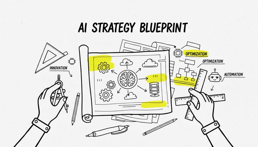 A meticulously organized drafting table with blueprints and tools, symbolizing an AI-driven strategy