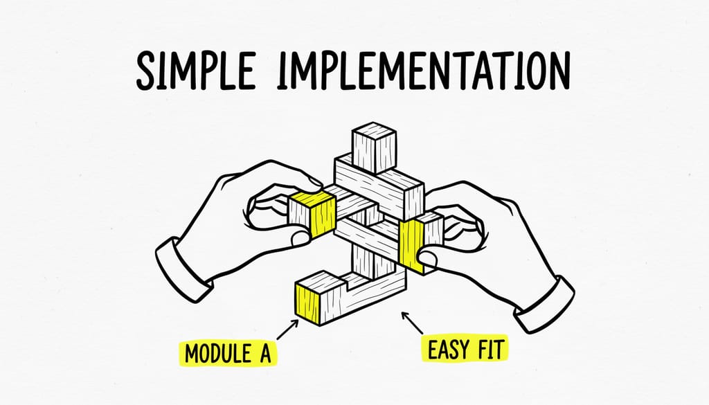 A person's hands assembling a simple, elegant wooden model, symbolizing a straightforward implementation process
