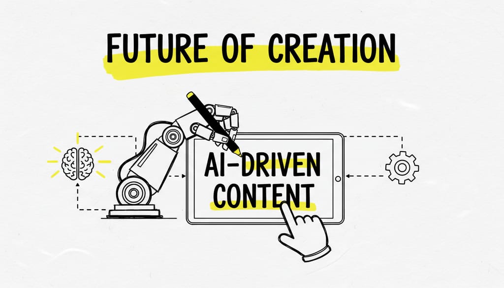 A robot arm writing "AI-DRIVEN CONTENT" on a digital tablet, symbolizing automation and intelligence