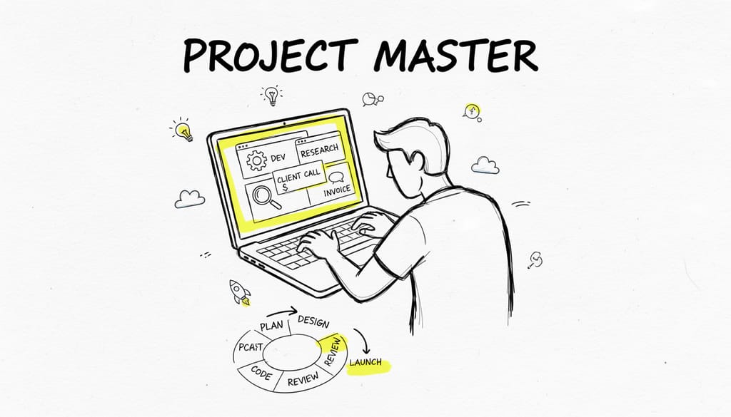 A focused freelancer typing on a laptop with multiple tabs open, representing deep expertise and project-based work