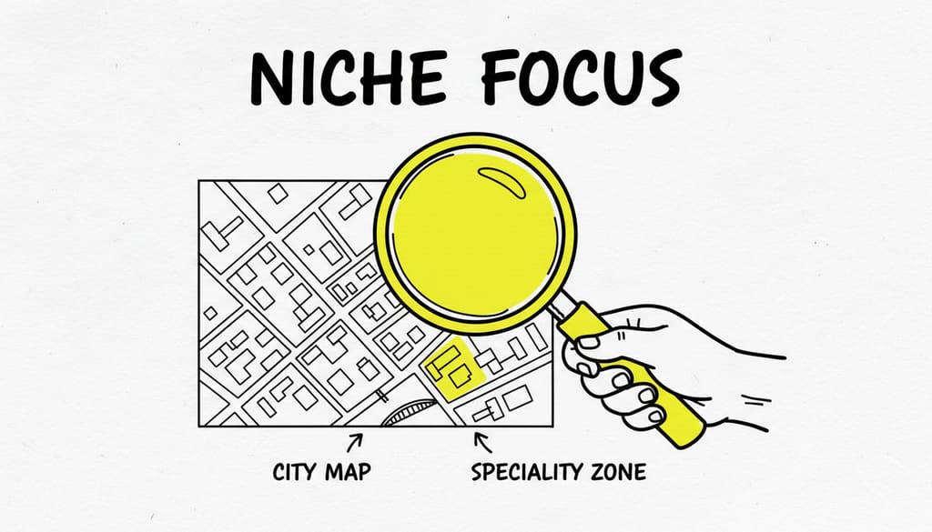 A magnifying glass focusing on a specific part of a city map, illustrating niche focus and specialized expertise