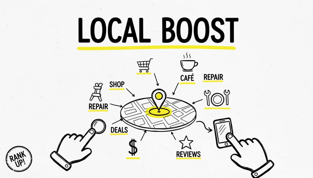 A pin marking a specific location on a digital map, surrounded by local business icons, indicating local search optimization