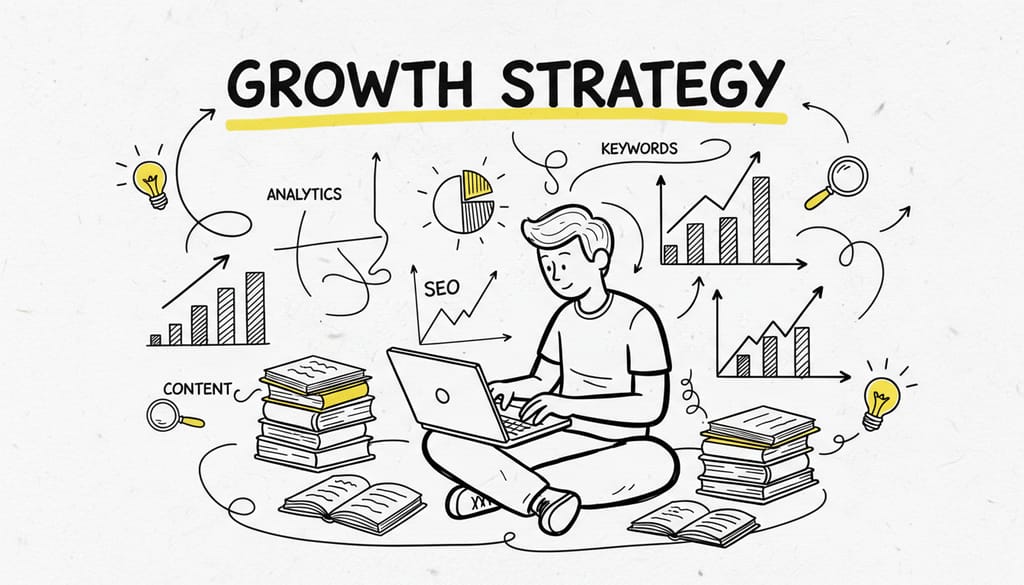 A person studying on a laptop surrounded by books and graphs, symbolizing self-education and data analysis for SEO