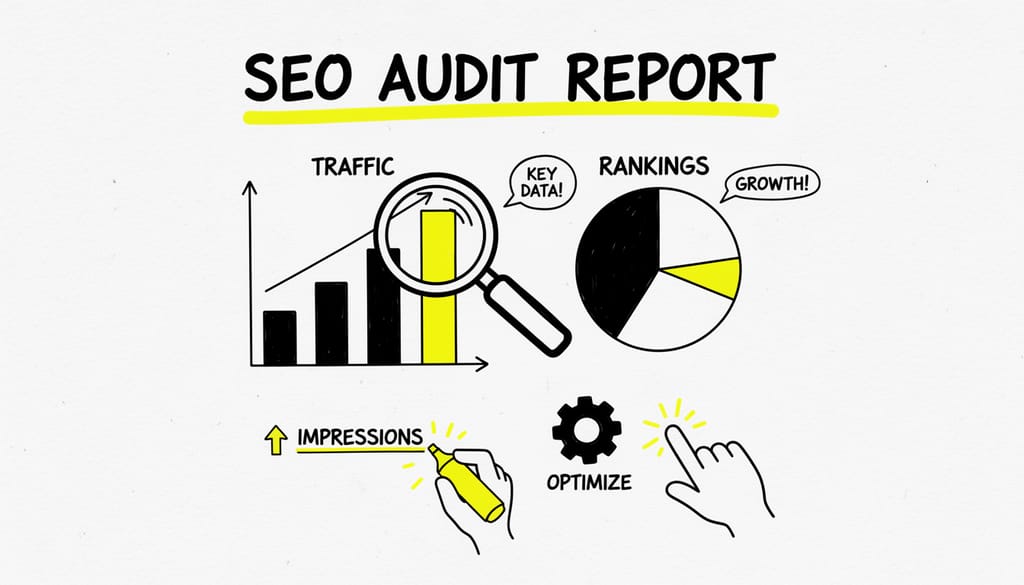 A detailed report showing SEO metrics and graphs, with a magnifying glass highlighting key data points, symbolizing an audit