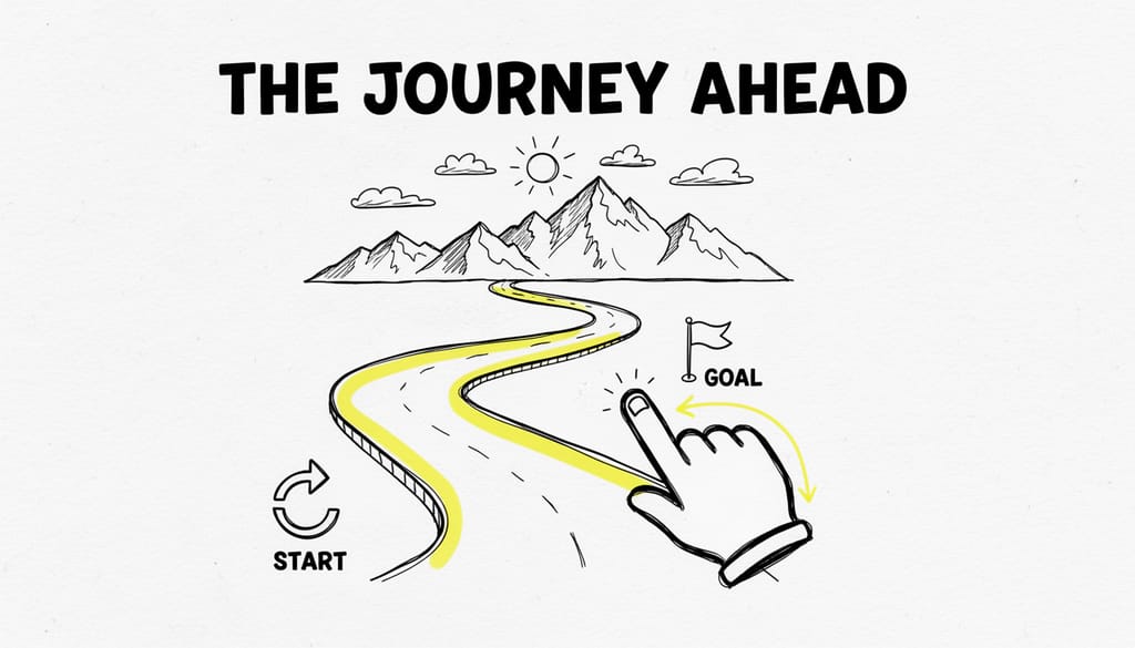 A long, winding road stretching towards mountains under a clear sky, symbolizing a journey.