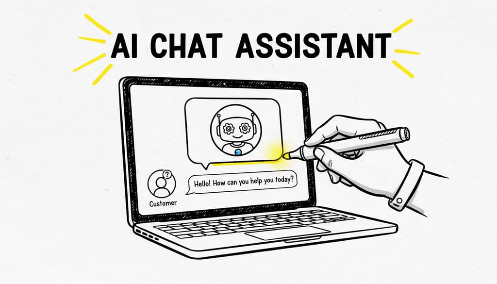 A friendly chatbot interface on a laptop screen with a customer service agent icon.