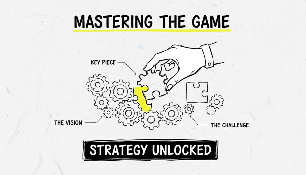 A bright, realistic, single-shot stock photo of a hand placing a single, intricate puzzle piece into a larger, incomplete puzzle, symbolizing problem-solving and strategic completion. Superimposed is a solid black rectangular box with the text 'STRATEGY UNLOCKED' in bold white font.