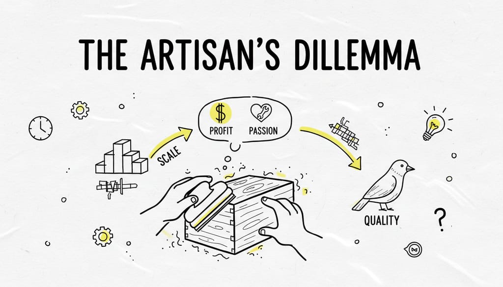 Close-up of a woman's hands sanding a wooden box, superimposed with 'THE ARTISAN'S DILEMMA'