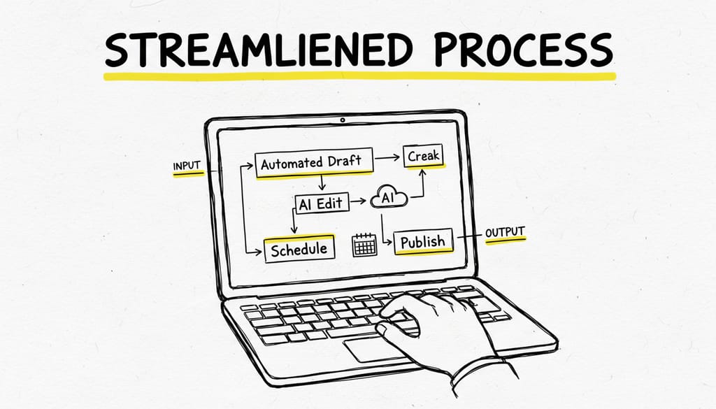 Person typing on a laptop with a workflow diagram showing automated content steps, superimposed with 'STREAMLINED PROCESS'