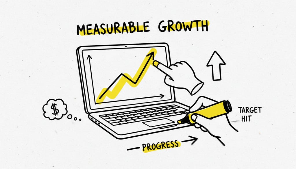Laptop screen showing a sharply rising line graph on a financial analytics dashboard, superimposed with 'MEASURABLE GROWTH'