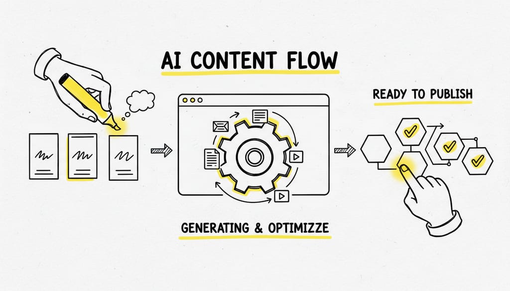 Futuristic digital interface showing content being generated and optimized automatically