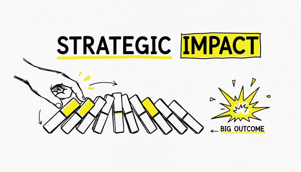 Dominoes falling in a line with 'STRATEGIC IMPACT' superimposed