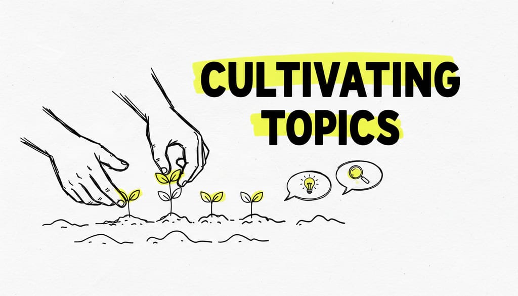 Hands carefully planting seedlings, with 'CULTIVATING TOPICS' superimposed