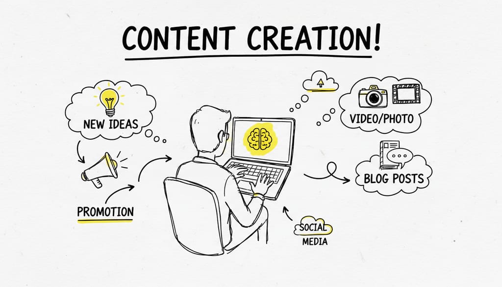 A person typing on a laptop with content ideas around them