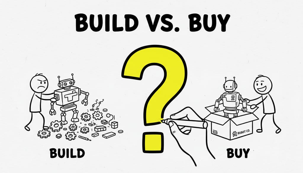 A whiteboard sketch titled "BUILD VS. BUY". On the left, a stick figure is assembling a complex robot from a pile of gears and parts. On the right, a second stick figure is unboxing a pre-made robot. An illustrated hand is drawing a large question mark between them. The question mark is highlighted in yellow.
