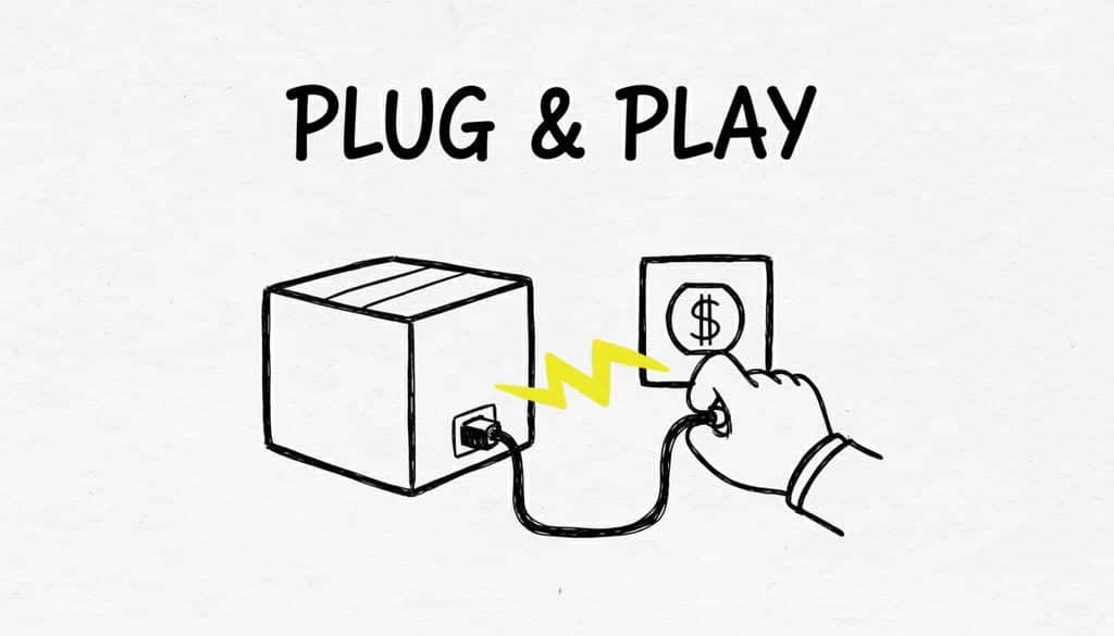 A whiteboard sketch titled "PLUG & PLAY". A drawing of a simple box with a power cord. An illustrated hand is plugging the cord into a wall socket that has a dollar sign on it. The electricity bolt traveling from the socket to the box is colored in Highlighter Yellow.