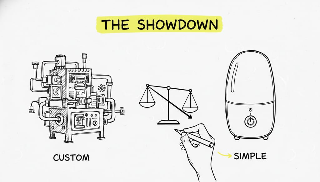 A whiteboard sketch titled "THE SHOWDOWN". A drawing of a large, complex, custom-built machine on the left, and a sleek, simple appliance on the right. An illustrated hand is drawing a classic balance scale between them, with the scale tipped slightly toward the simple appliance. The background of the title is highlighted in yellow.