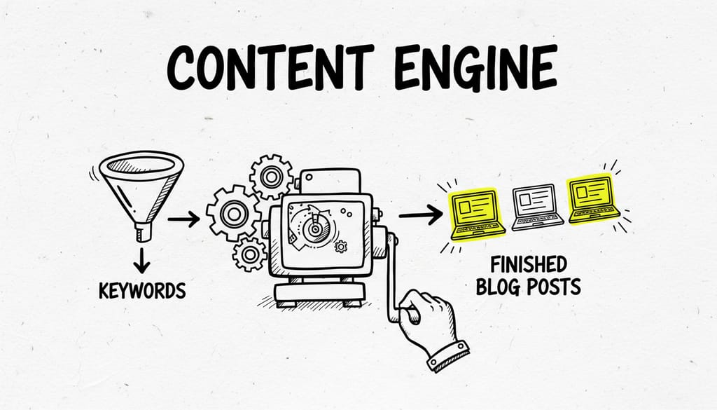 A whiteboard sketch titled "CONTENT ENGINE" in bold, handwritten letters. A simple machine with interlocking gears is drawn below. An arrow shows keywords going into one side, and another arrow shows finished blog post icons coming out the other. An illustrated hand is turning a crank on the side of the machine. The output blog post icons are highlighted in yellow.
