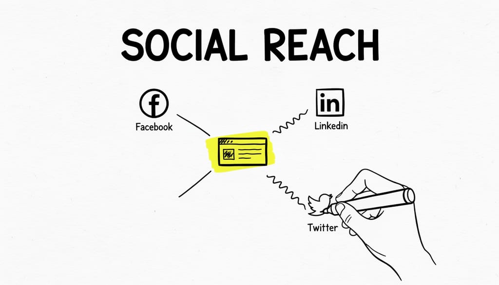 A whiteboard sketch titled "SOCIAL REACH". A simple drawing of a blog post is at the center. Lines branch out from it to small, sketchy icons for Facebook, LinkedIn, and Twitter. An illustrated hand is drawing one of the connecting lines. The central blog post icon has a yellow highlighter stroke behind it.