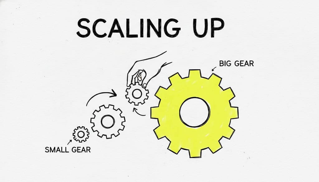 A whiteboard sketch titled "SCALING UP". On the left, a small, simple gear is drawn. An arrow shows it turning a much larger gear on the right. An illustrated hand is adding another small gear to the system, helping to turn the big one. The large gear is colored in with a bright yellow highlighter.