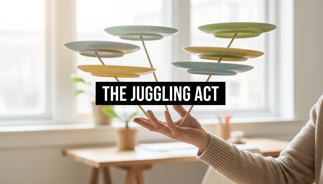 A bright, realistic, single-shot stock photo of a person's hand trying to keep multiple spinning plates balanced on sticks. Superimposed on the center is a solid black rectangular box containing the text 'THE JUGGLING ACT' in bold white font. There is NO other text.