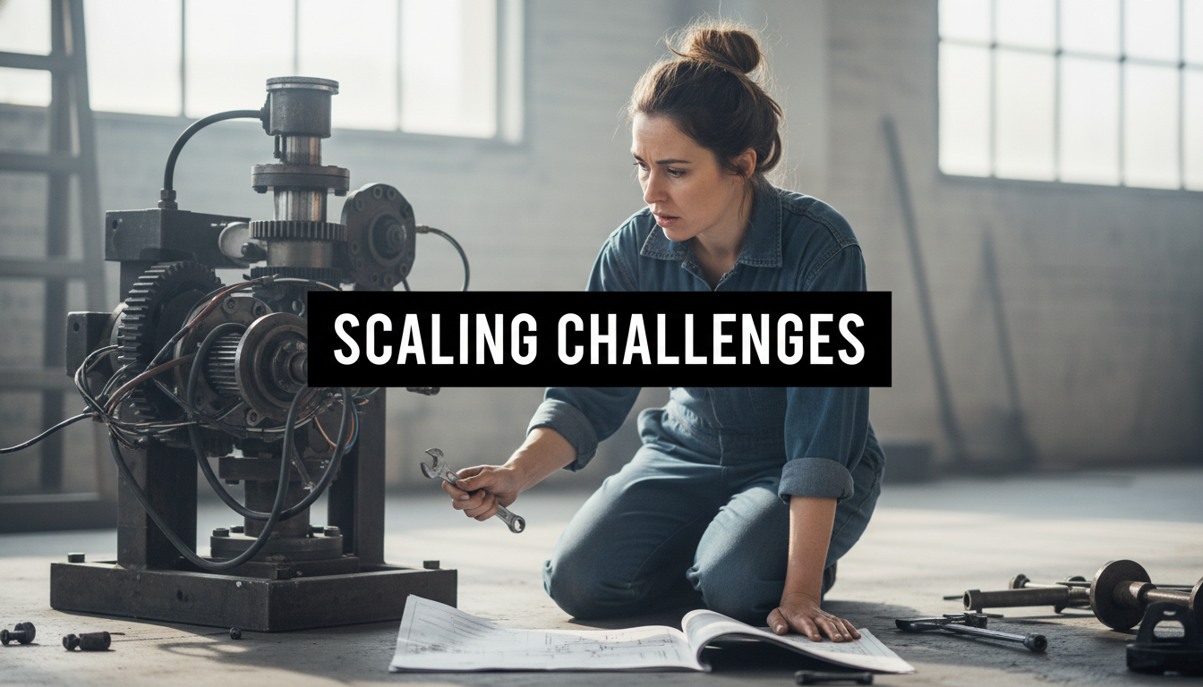 A bright, high-resolution photo of a single person trying to assemble a complex piece of factory machinery using only a small wrench and a paper manual. Superimposed on the center is a solid black rectangular box containing the text 'SCALING CHALLENGES' in bold white font. There is NO other text.