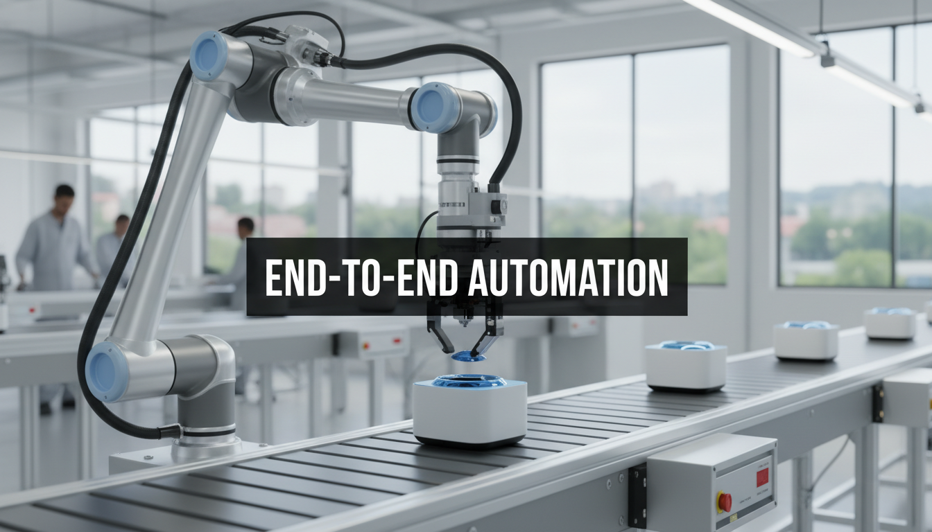 A bright, realistic, single-shot stock photo of a clean, modern assembly line where a robotic arm is perfectly placing the final piece onto a product. Superimposed on the center is a solid black rectangular box containing the text 'END-TO-END AUTOMATION' in bold white font. There is NO other text.