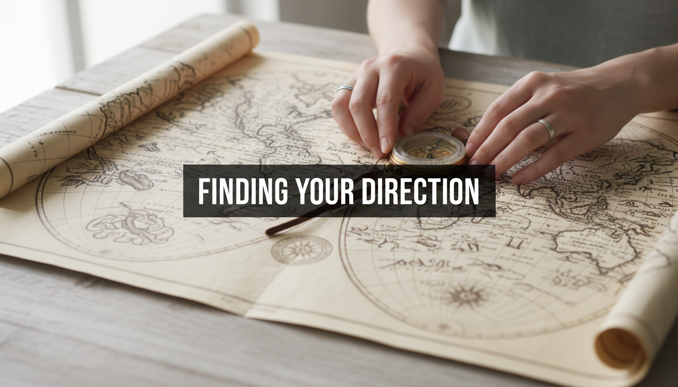 A bright, realistic, single-shot stock photo of a person's hands holding a vintage compass over a large, unfolded map on a wooden table. Superimposed on the center is a solid black rectangular box containing the text 'FINDING YOUR DIRECTION' in bold white font. There is NO other text.