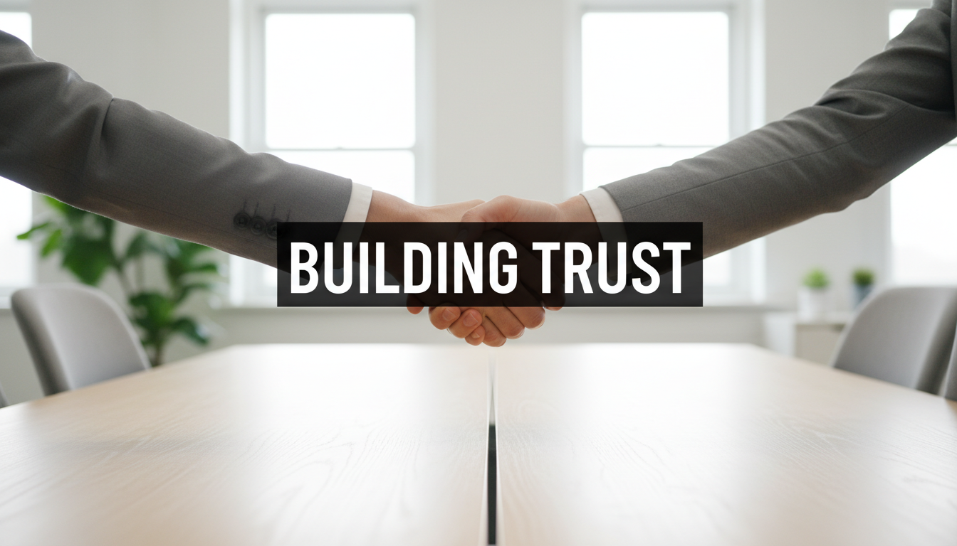 A bright, realistic, single-shot stock photo of two hands completing a handshake over a clean, modern office desk. Superimposed on the center is a solid black rectangular box containing the text 'BUILDING TRUST' in bold white font. There is NO other text.