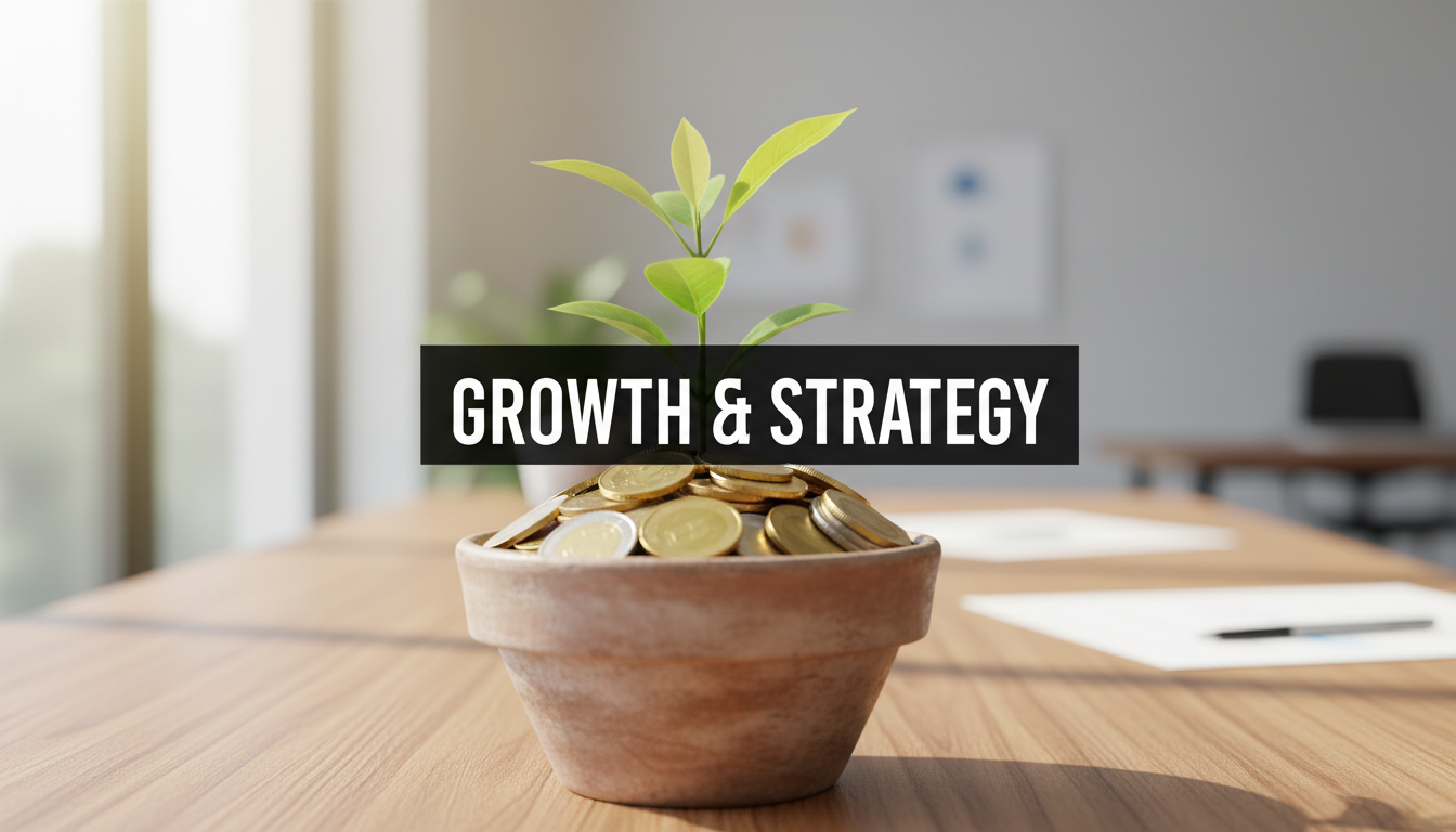 A bright, realistic, single-shot stock photo of a small potted plant sprouting from a pile of coins on a sunlit wooden desk. Superimposed on the center is a solid black rectangular box containing the text 'GROWTH & STRATEGY' in bold white font. There is NO other text.